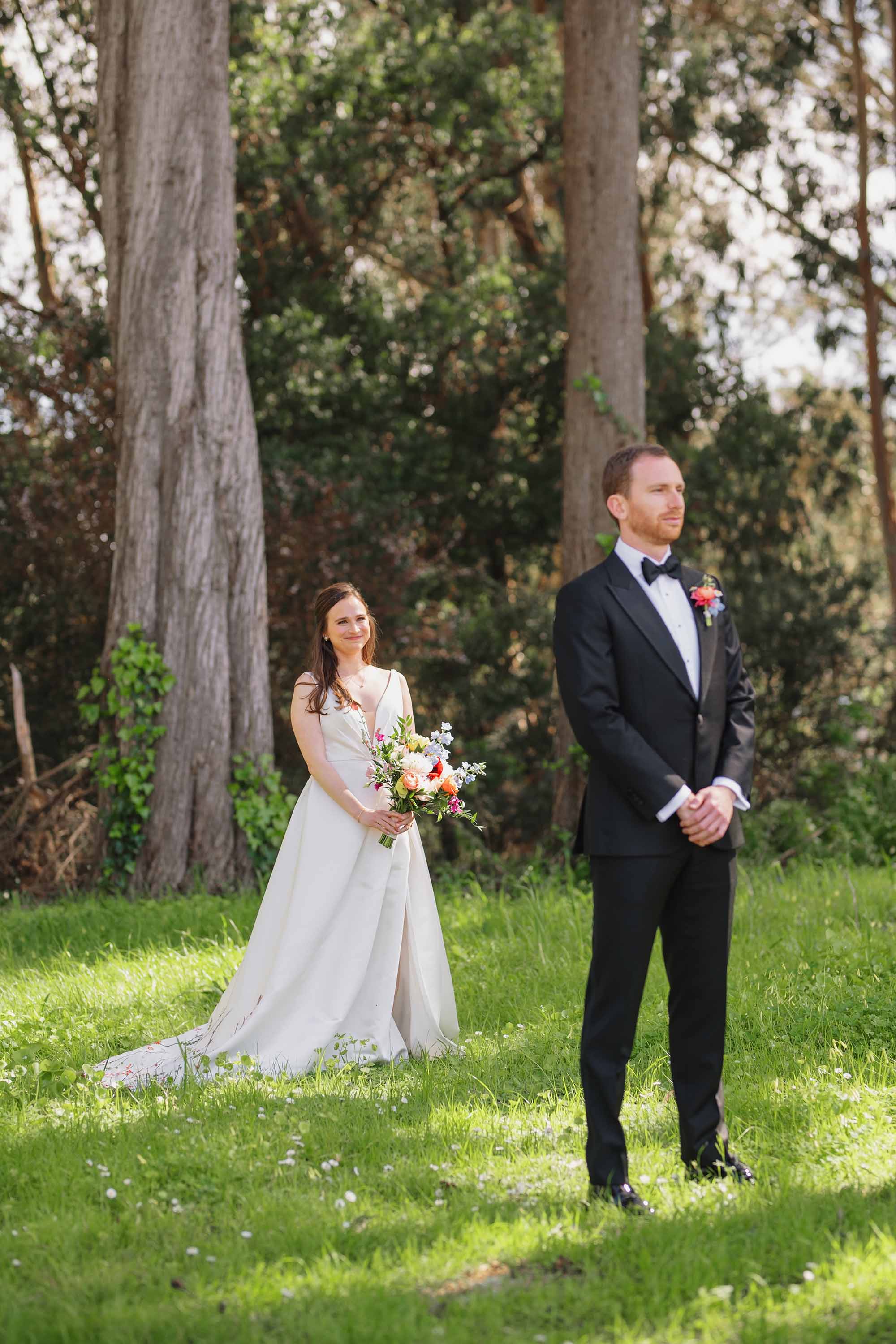 Wedding day first look with bride and groom, captured in gorgeous Presidio setting by Love Knot Photography