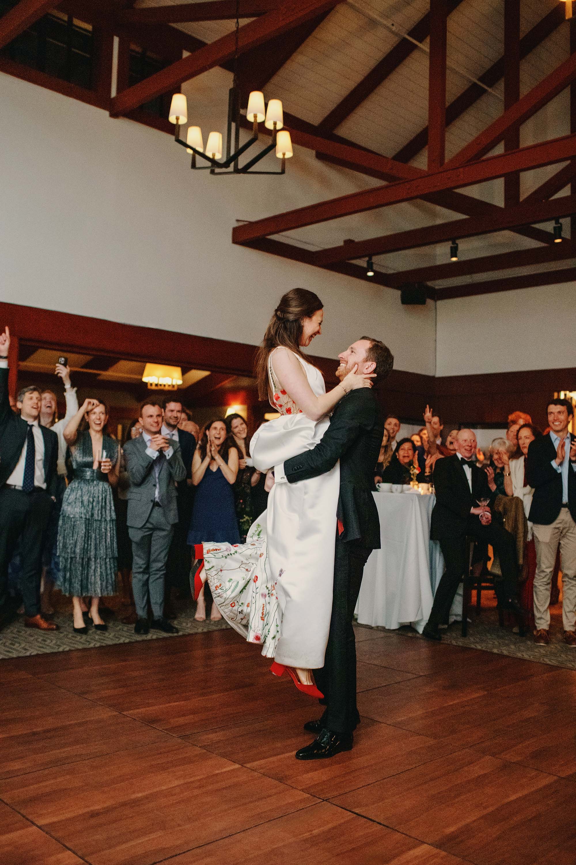 First dance between the bride and groom at their wedding reception, SF Presidio Golf Course. Credit: Love Knot Photography by Isaac Klotz