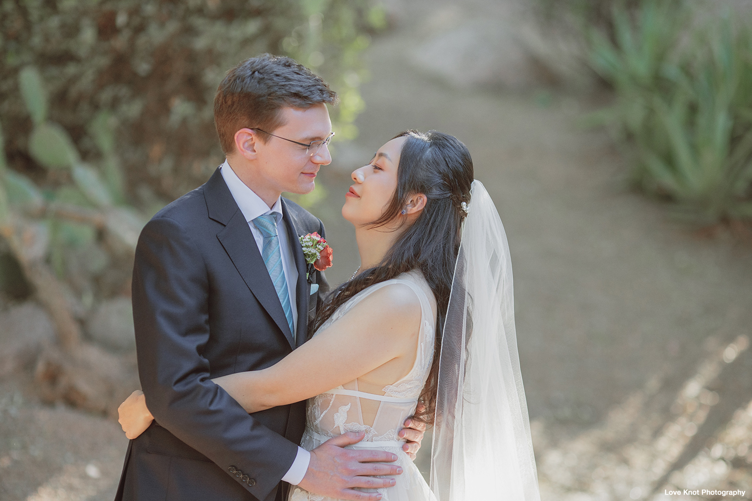 wedding day portrait with bride and groom, candid