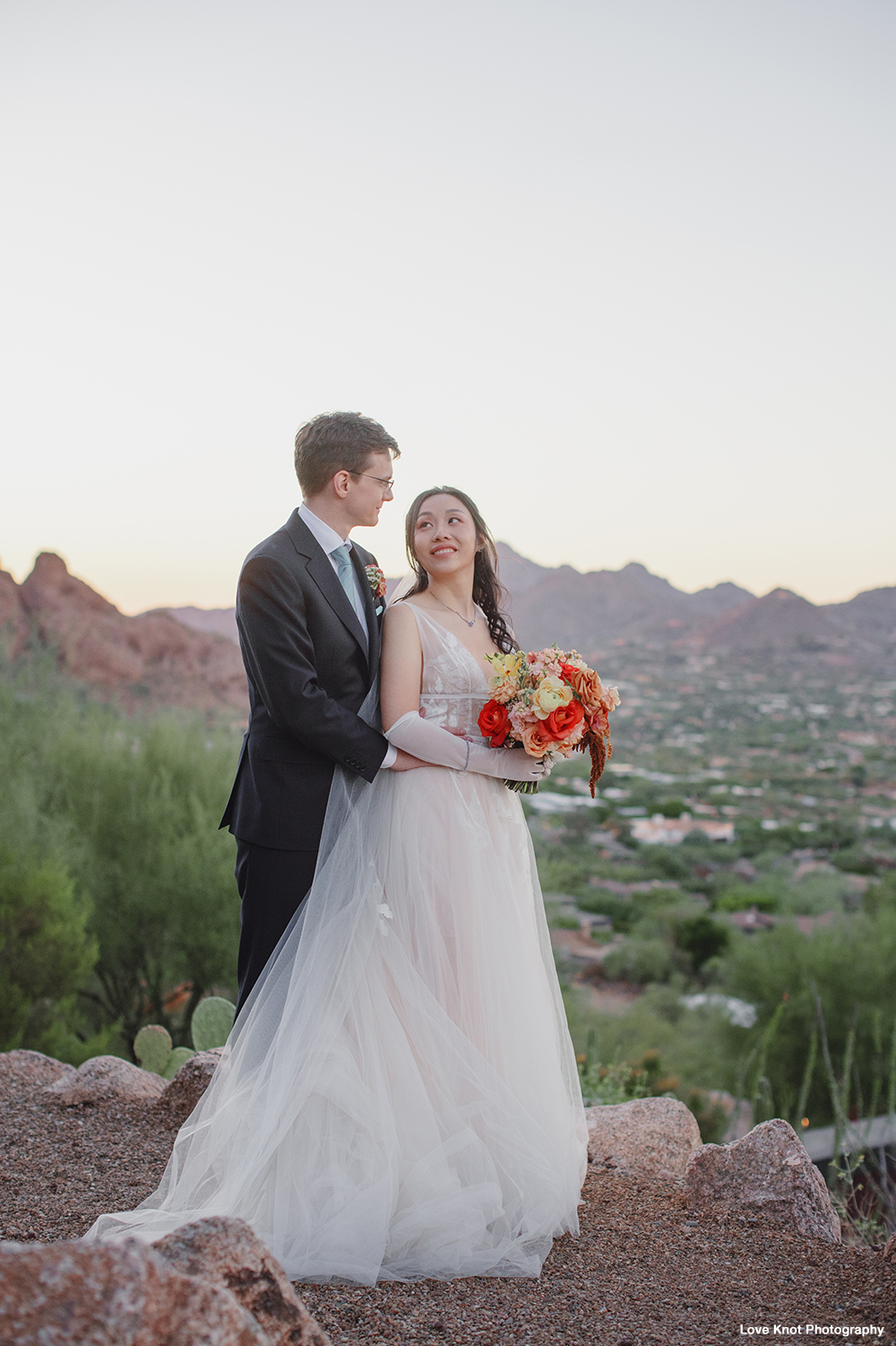 bride and groom at sunset during wedding day in Arizona