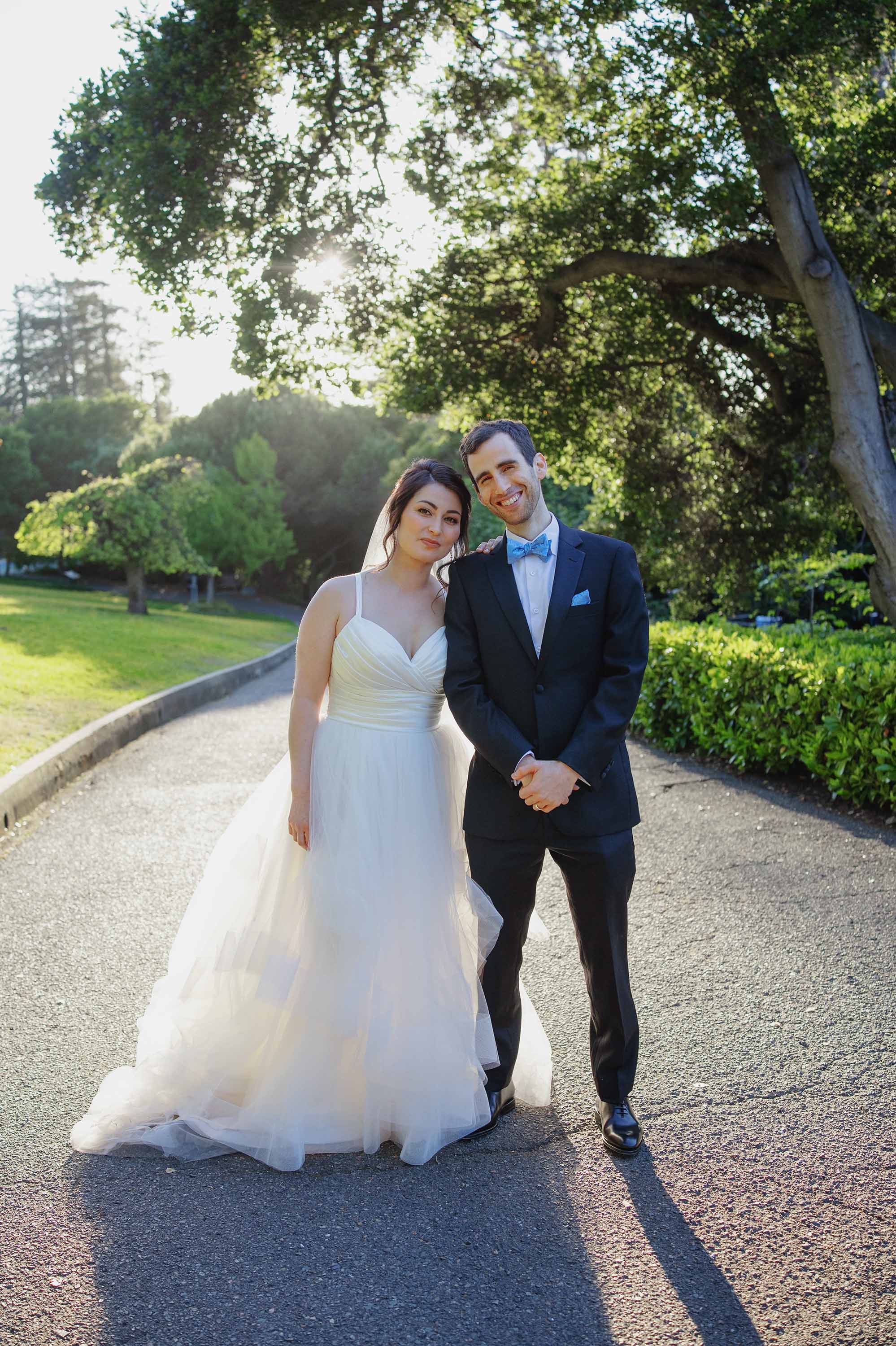 bride and groom during sunset portraits in Oakland