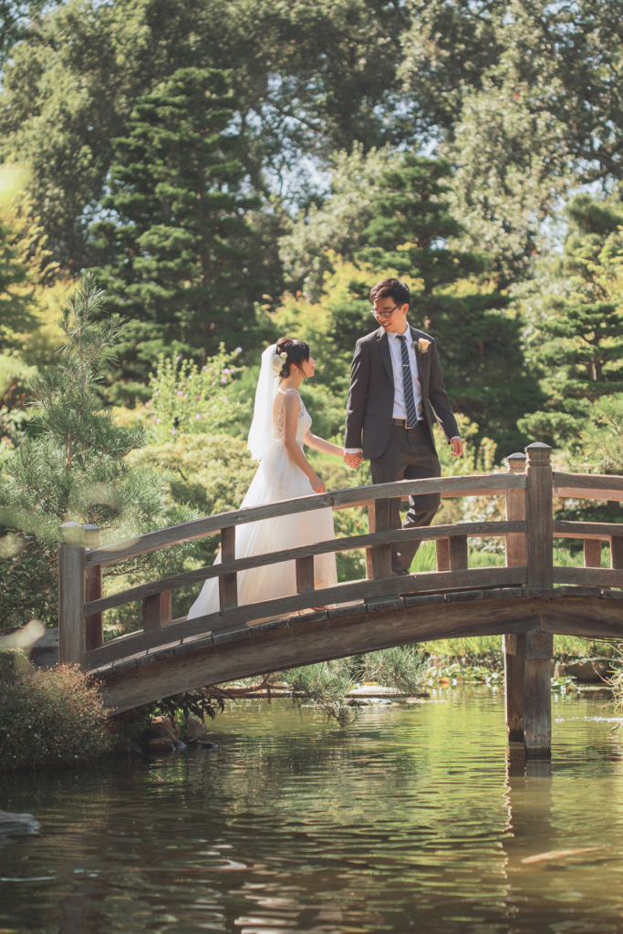 bride and groom garden portrait